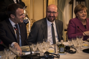 Emmanuel Macron, Charles Michel and Angela Merkel