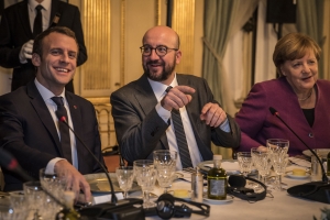 Emmanuel Macron, Charles Michel and Angela Merkel