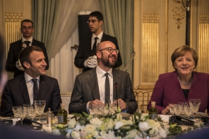 Emmanuel Macron, Charles Michel and Angela Merkel